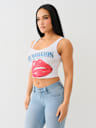 CAMISETA CORTA SIN MANGAS CON DOBLADILLO DESHILACHADO Y LABIOS DE CRISTAL