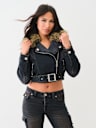 FUR TRIM DENIM MOTO JACKET
