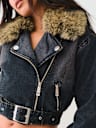 FUR TRIM DENIM MOTO JACKET