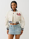 'I LOVE TRUE RELIGION' CROPPED VARSITY JACKET