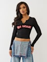 CRYSTAL APPLIQUE V NOTCH LONG SLEEVE TEE
