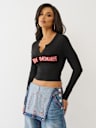 CRYSTAL APPLIQUE V NOTCH LONG SLEEVE TEE