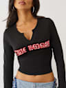 CRYSTAL APPLIQUE V NOTCH LONG SLEEVE TEE