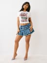ASYMMETRIC PLEATED DENIM MINI SKIRT