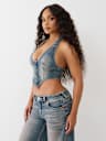 EMBROIDERED DENIM HALTER CORSET TOP