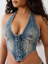EMBROIDERED DENIM HALTER CORSET TOP