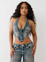EMBROIDERED DENIM HALTER CORSET TOP