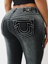 RUCHED MID RISE FLARE JEAN