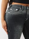 RUCHED MID RISE FLARE JEAN