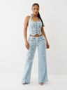 FOILED LEOPARD DENIM HALTER TOP