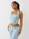 FOILED LEOPARD DENIM HALTER TOP