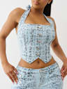 FOILED LEOPARD DENIM HALTER TOP