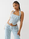 FOILED LEOPARD DENIM HALTER TOP