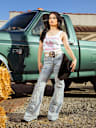 TRUE RELIGION X BELLA DOÑA MID RISE CUT OUT FLARE JEAN