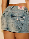 TRUE RELIGION X BELLA DOÑA SADIE LACE UP DENIM MINI SKIRT