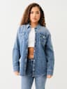 OVERSIZED DENIM CRYSTAL LOGO LONG SLEEVE SHIRT