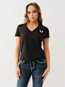 TROPICAL DENIM HORSESHOE V NECK TEE