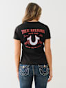 TROPICAL DENIM HORSESHOE V NECK TEE