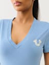 TROPICAL DENIM HORSESHOE V NECK TEE
