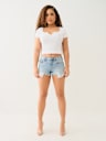 FRAYED HEM MID RISE BOOTY SHORT 