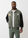 COLLARED PATCH FLEECE VARSITY JACKET