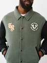 COLLARED PATCH FLEECE VARSITY JACKET