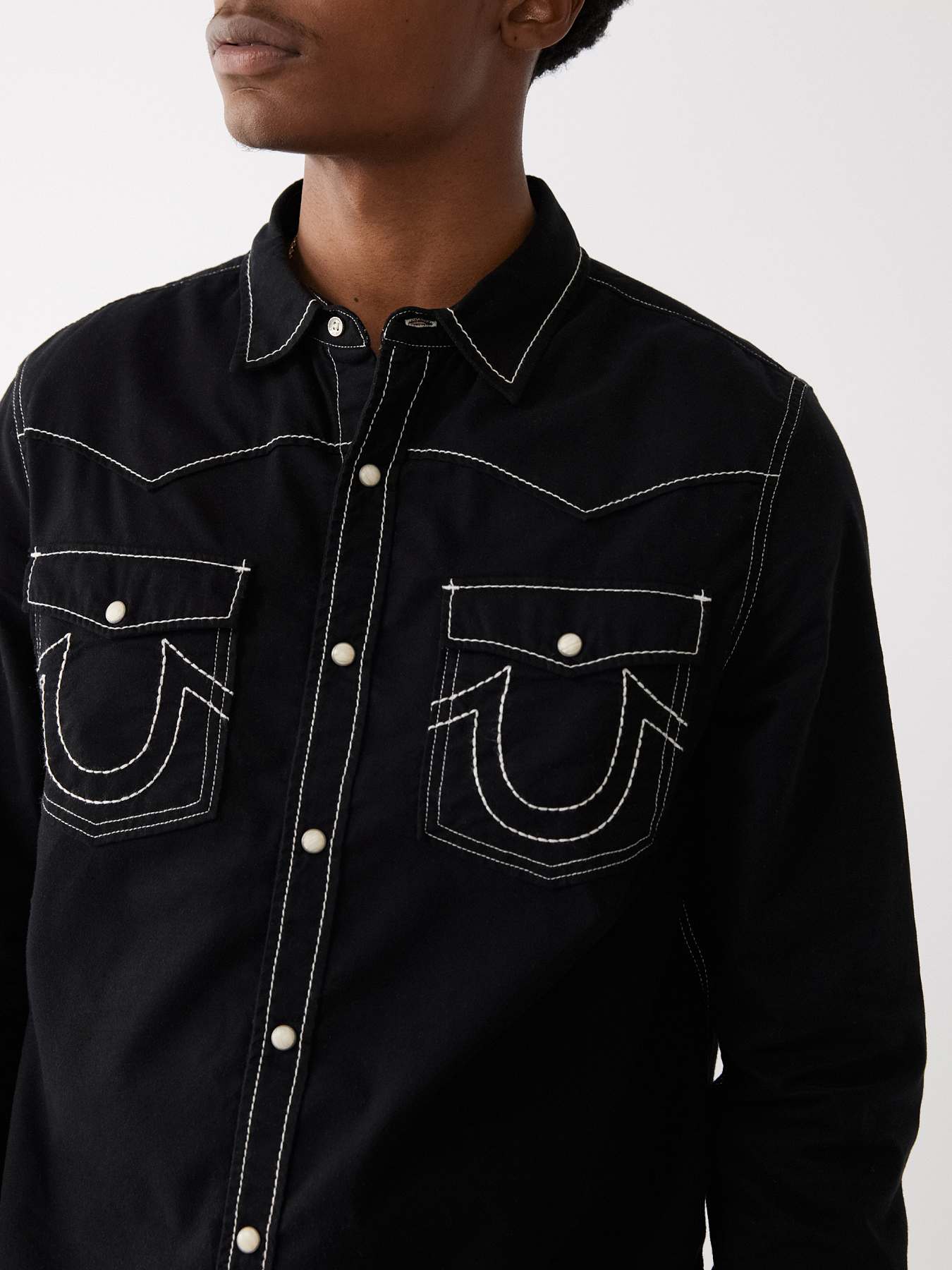 True Religion Men's Long Sleeve Big T Western Shirt - Jet Black, Kalamata - Size S
