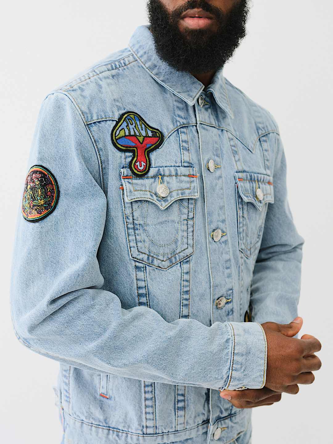 True Religion Jimmy Patchwork Distressed hotsell Denim Jacket Sz L Originally $269