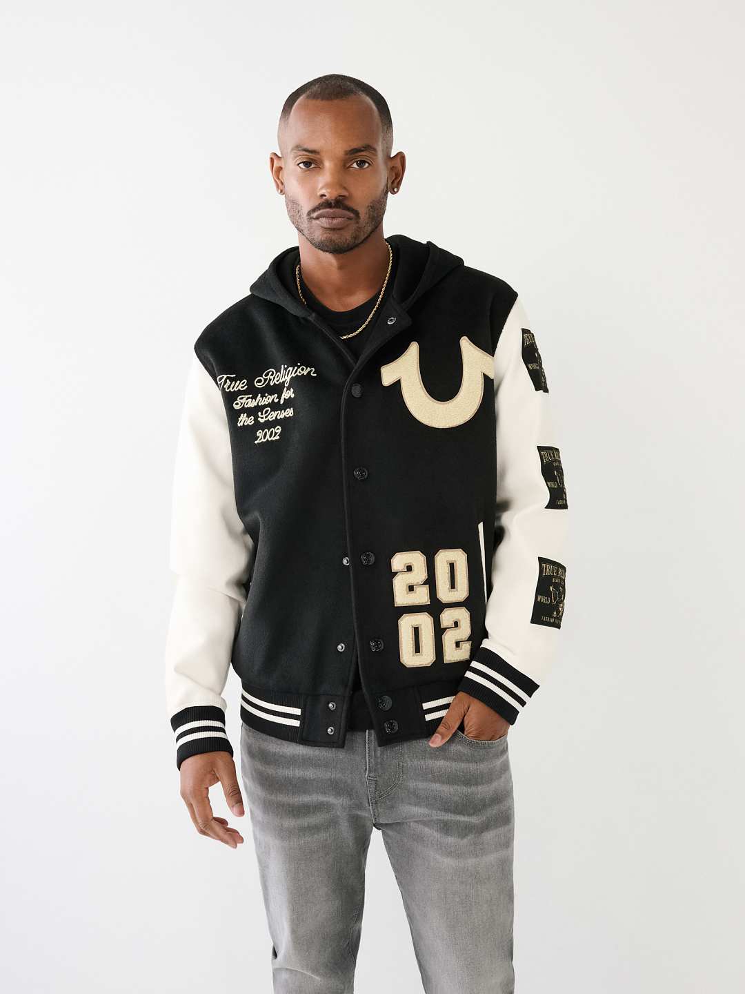 HOODED VARSITY JACKET