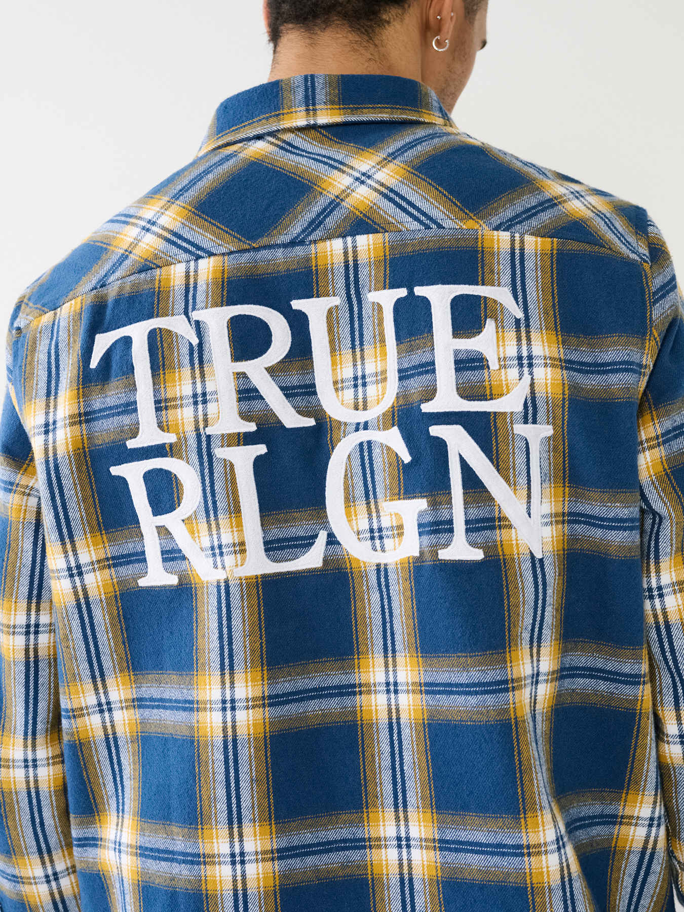 TRUE RELIGION Fleece Long Sleeve Navy White top Plaid Western Button Down Shirt XL