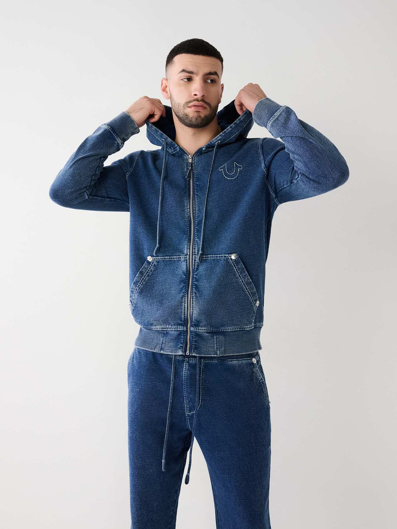 INDIGO JERSEY QUILTED FULL ZIP HOODIE