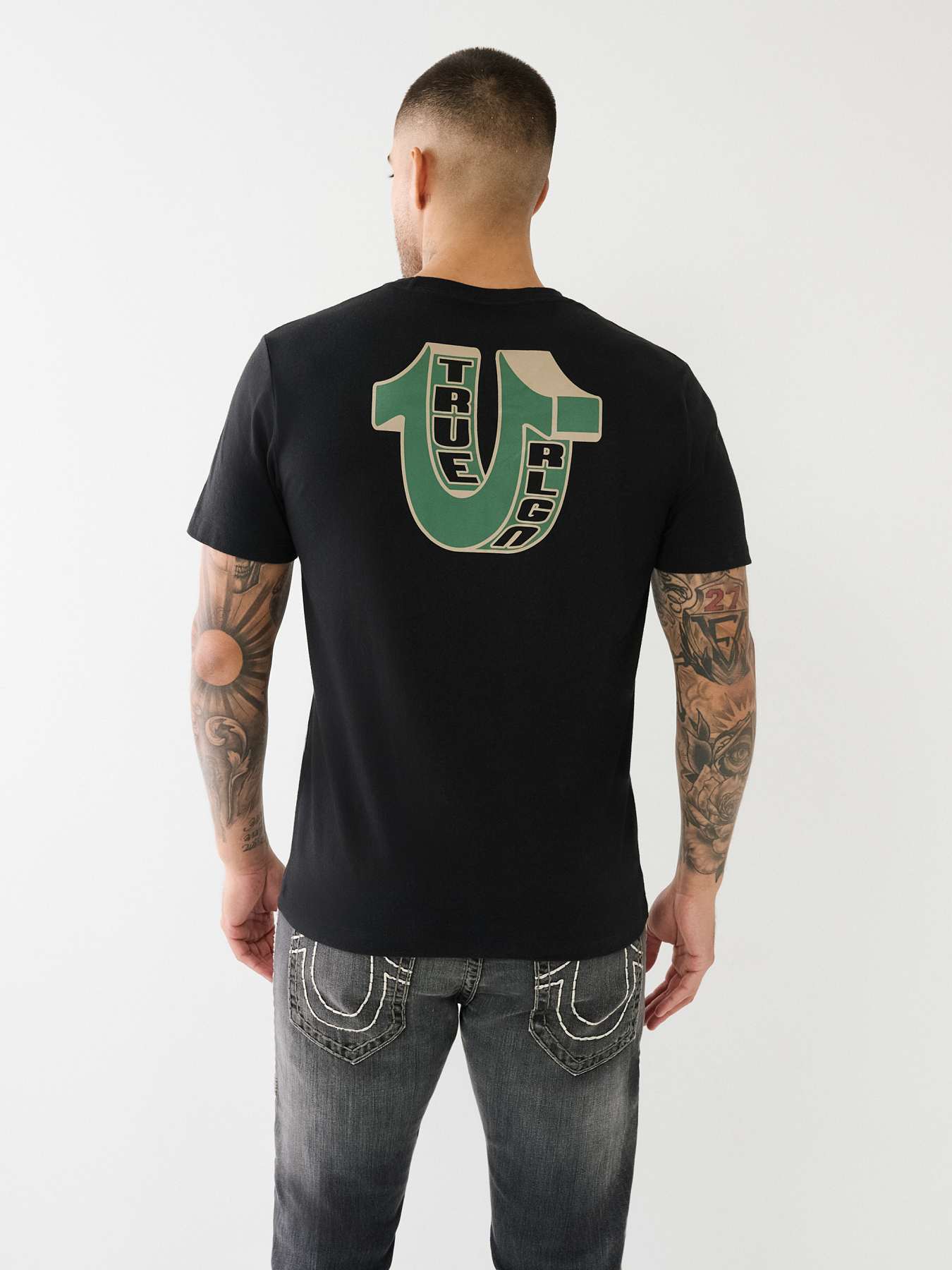 Black and green hot sale true religion shirt