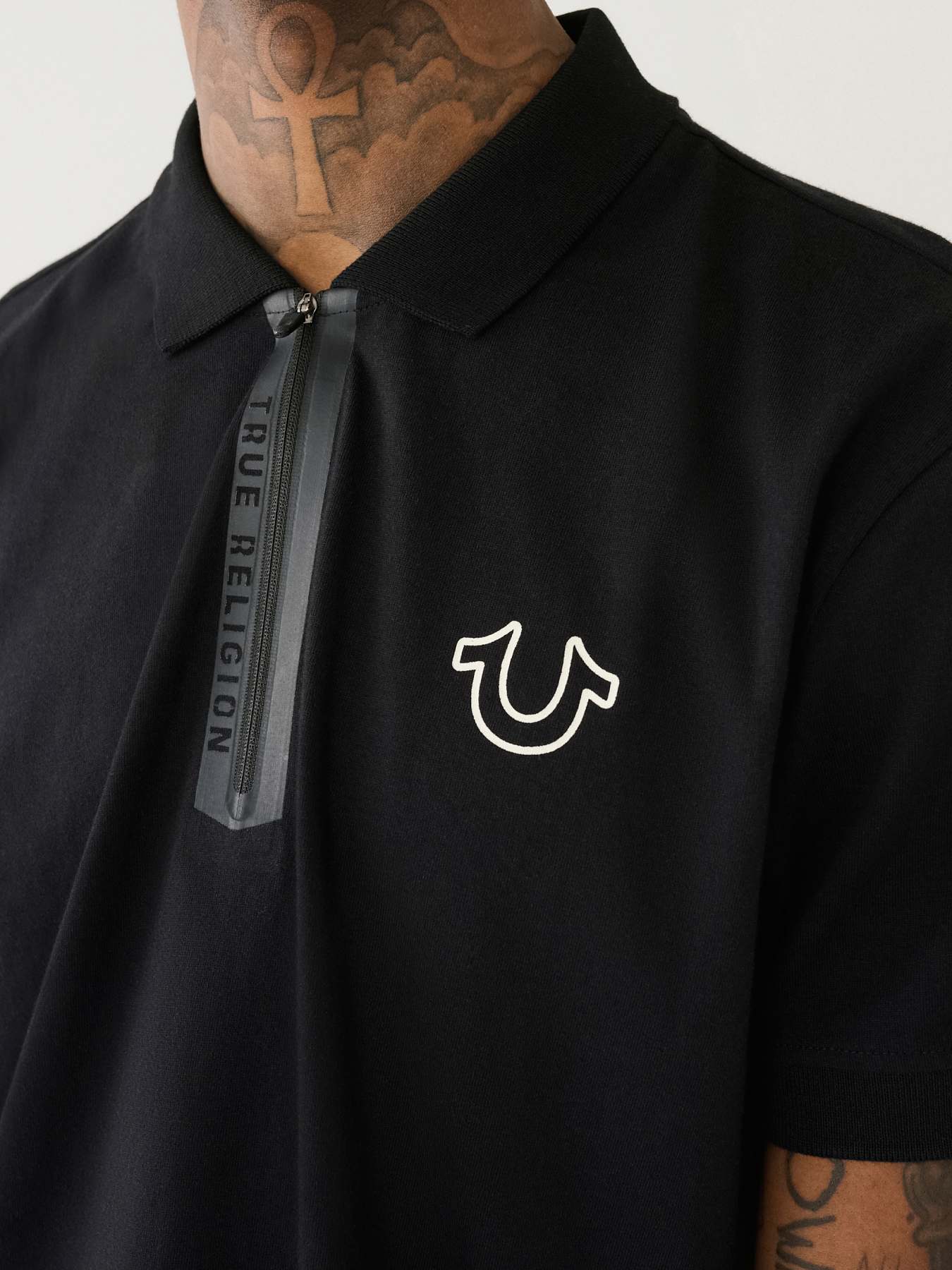 TR TAPE LOGO ZIPPER POLO SHIRT - Black | True Religion TR TAPE LOGO ZIPPER POLO SHIRT - Black | True Religion