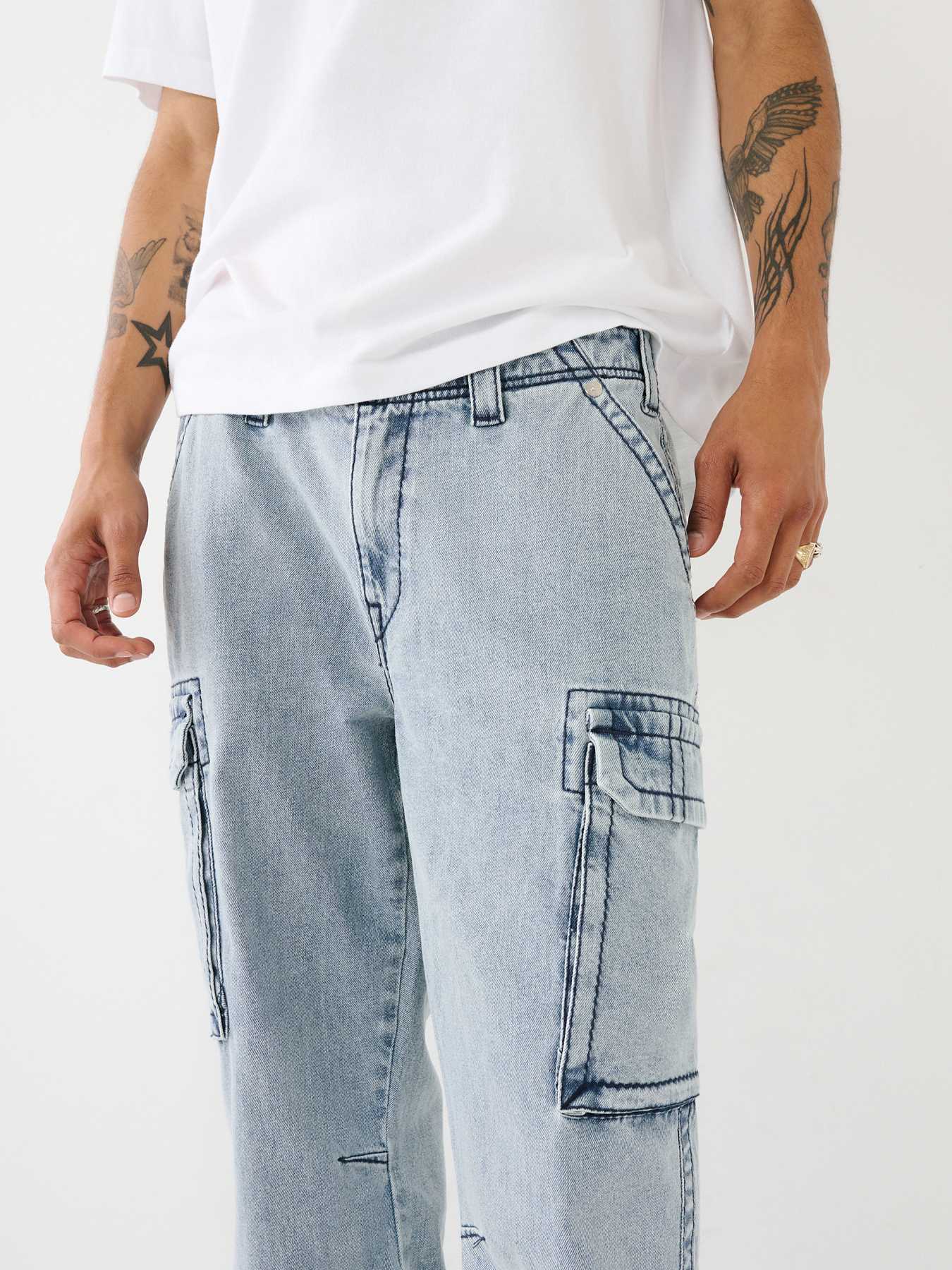 Mens Denim Cargo Pants Jeans Side Big Pocket Jeans Men Slim Fit