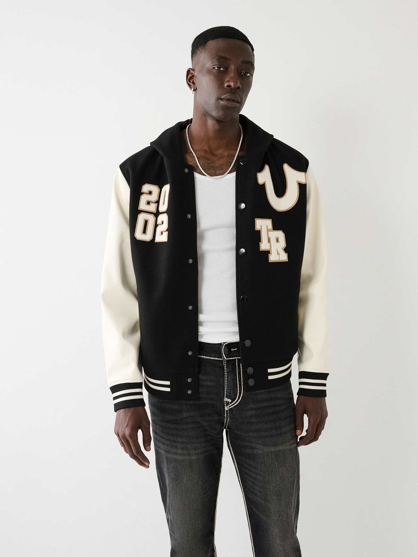 HOODED VARSITY JACKET