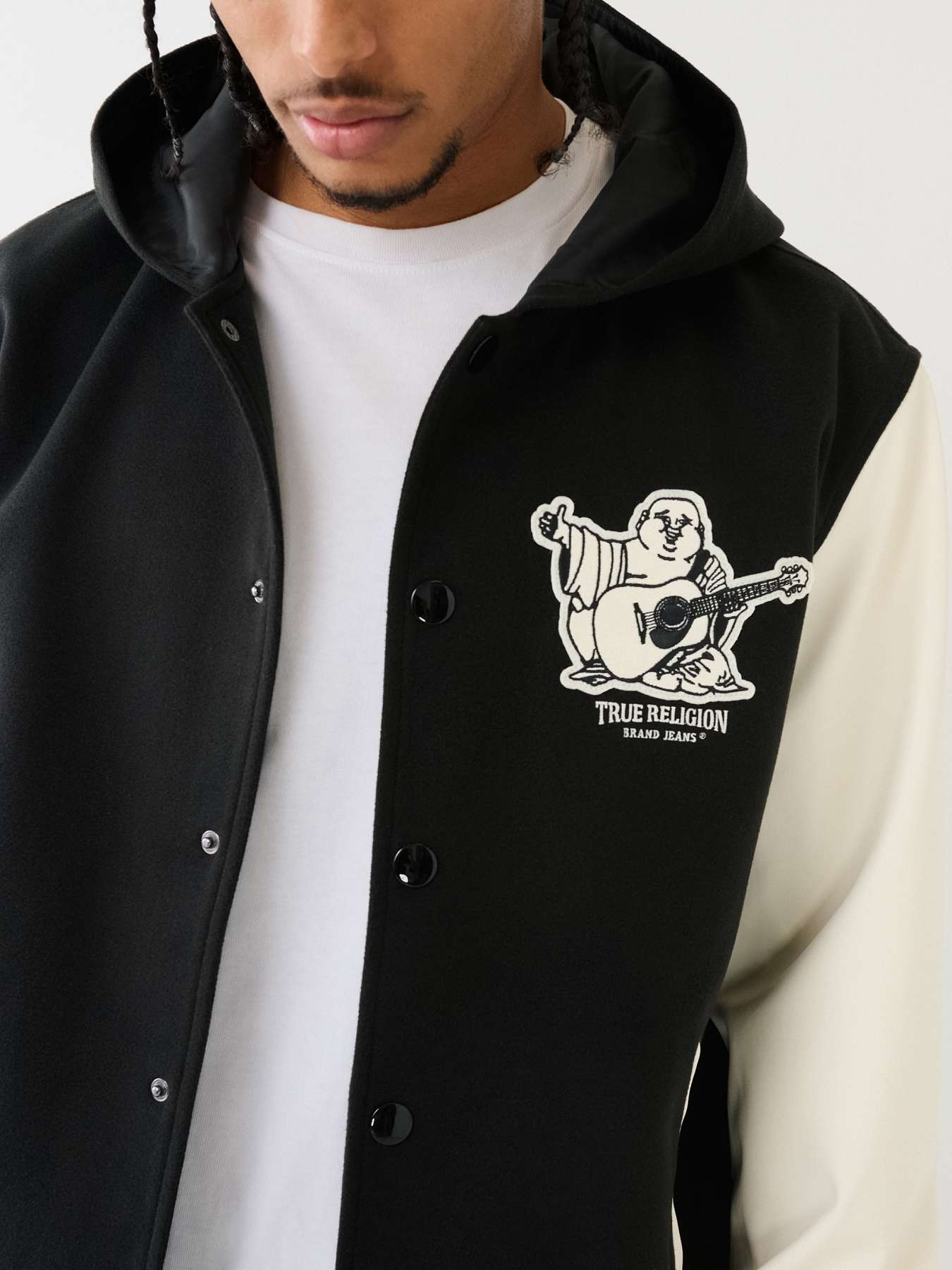 BUDDHA LOGO HOODED VARSITY JACKET