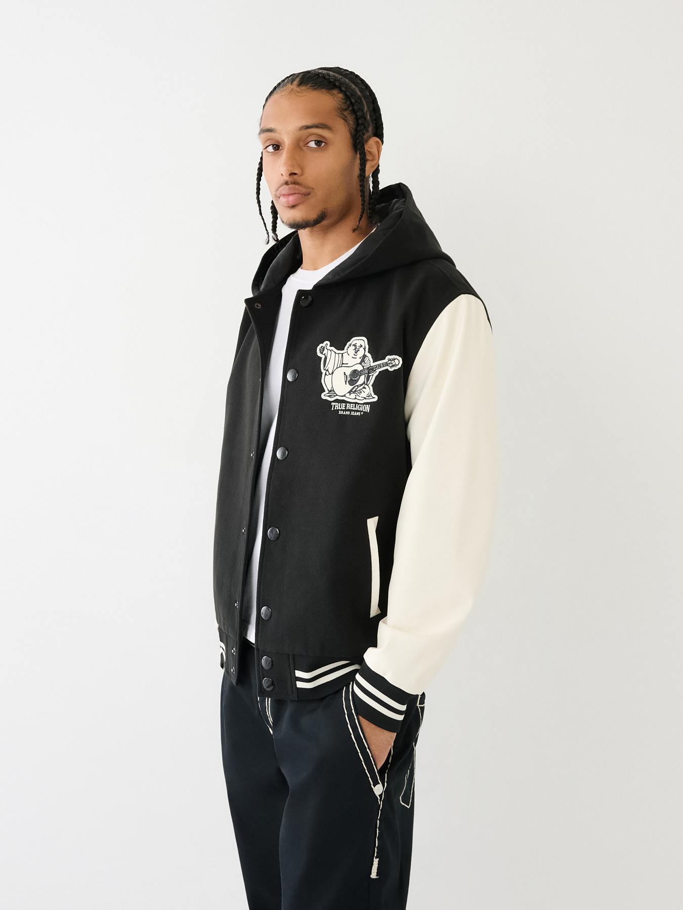 BUDDHA LOGO HOODED VARSITY JACKET