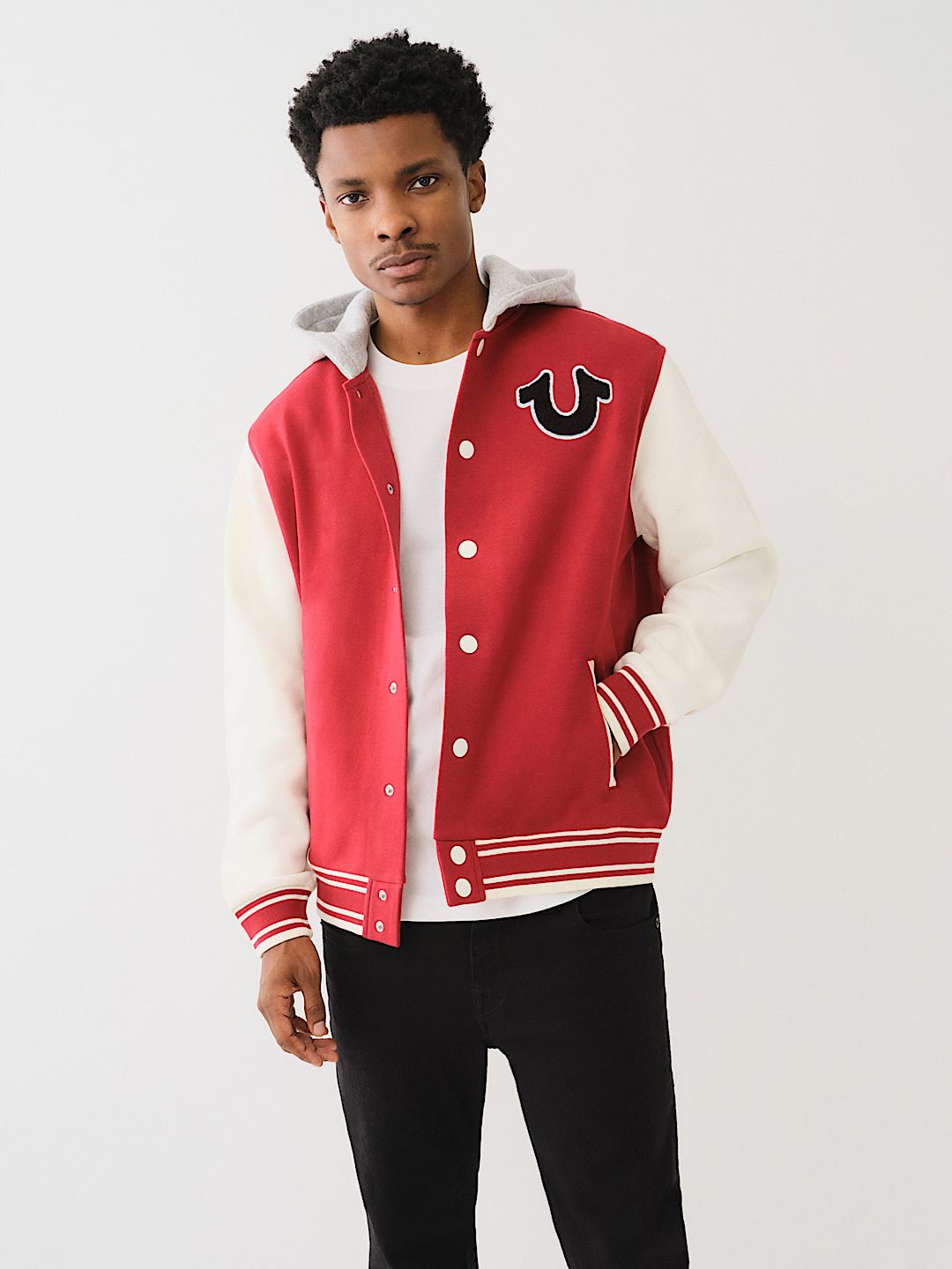 FLEECE HOODED VARSITY JACKET, image 1