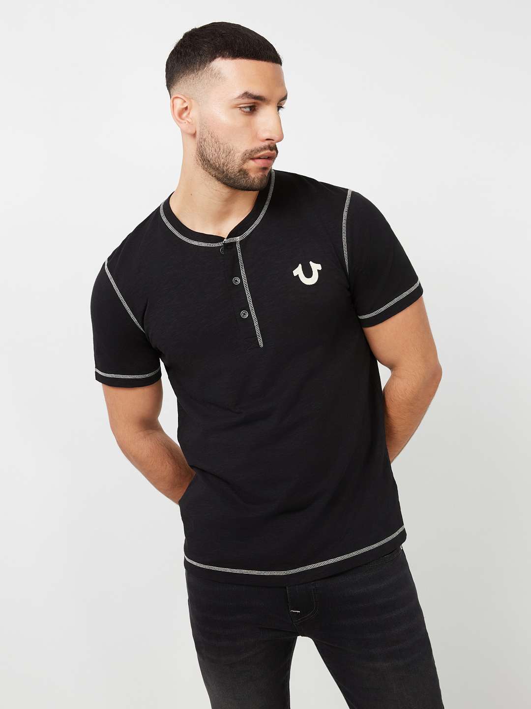 CONTRAST STITCH SLUB HENLEY TEE, image 1