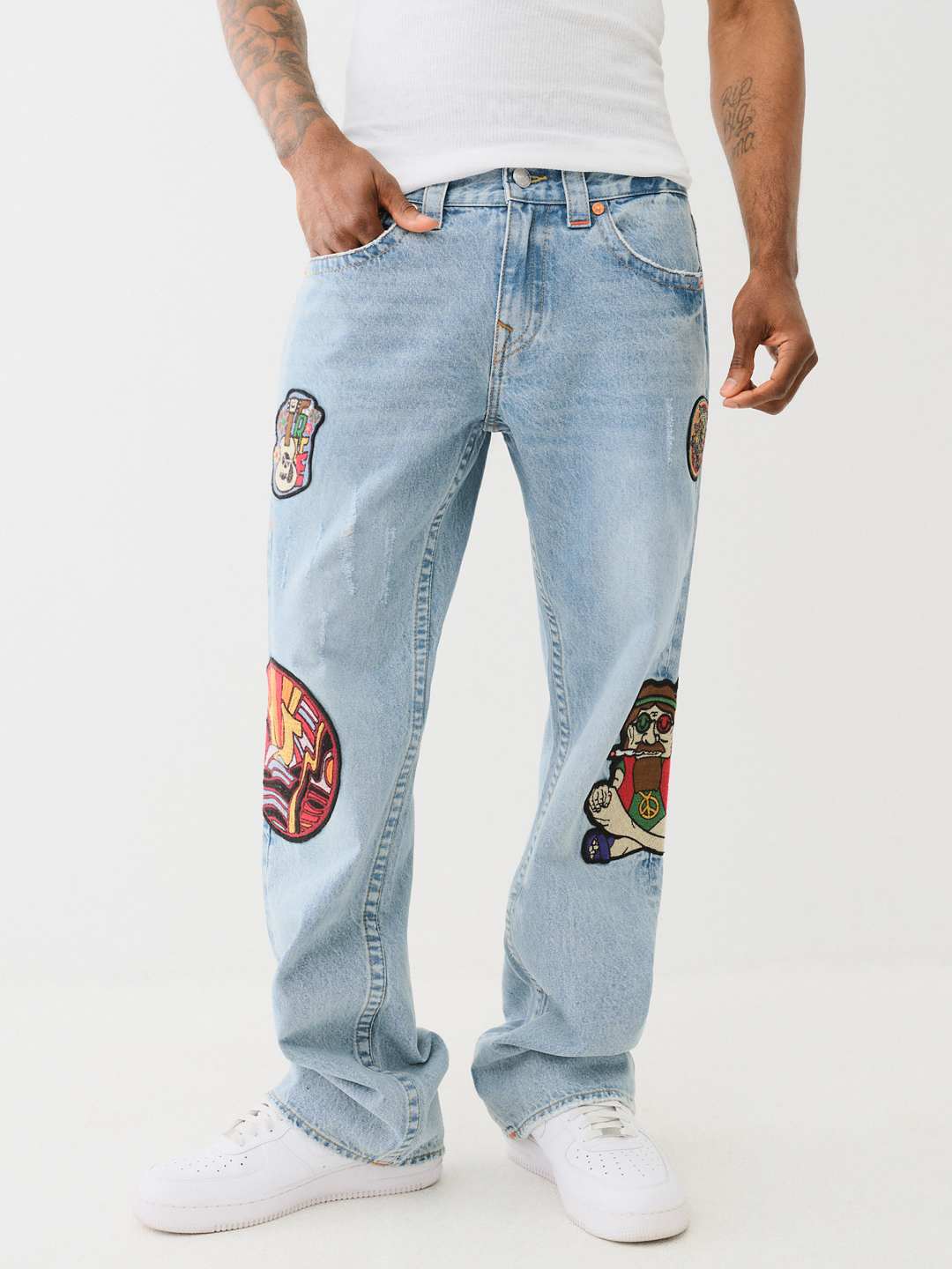BILLY DISTRESSED PATCH BOOTCUT JEAN