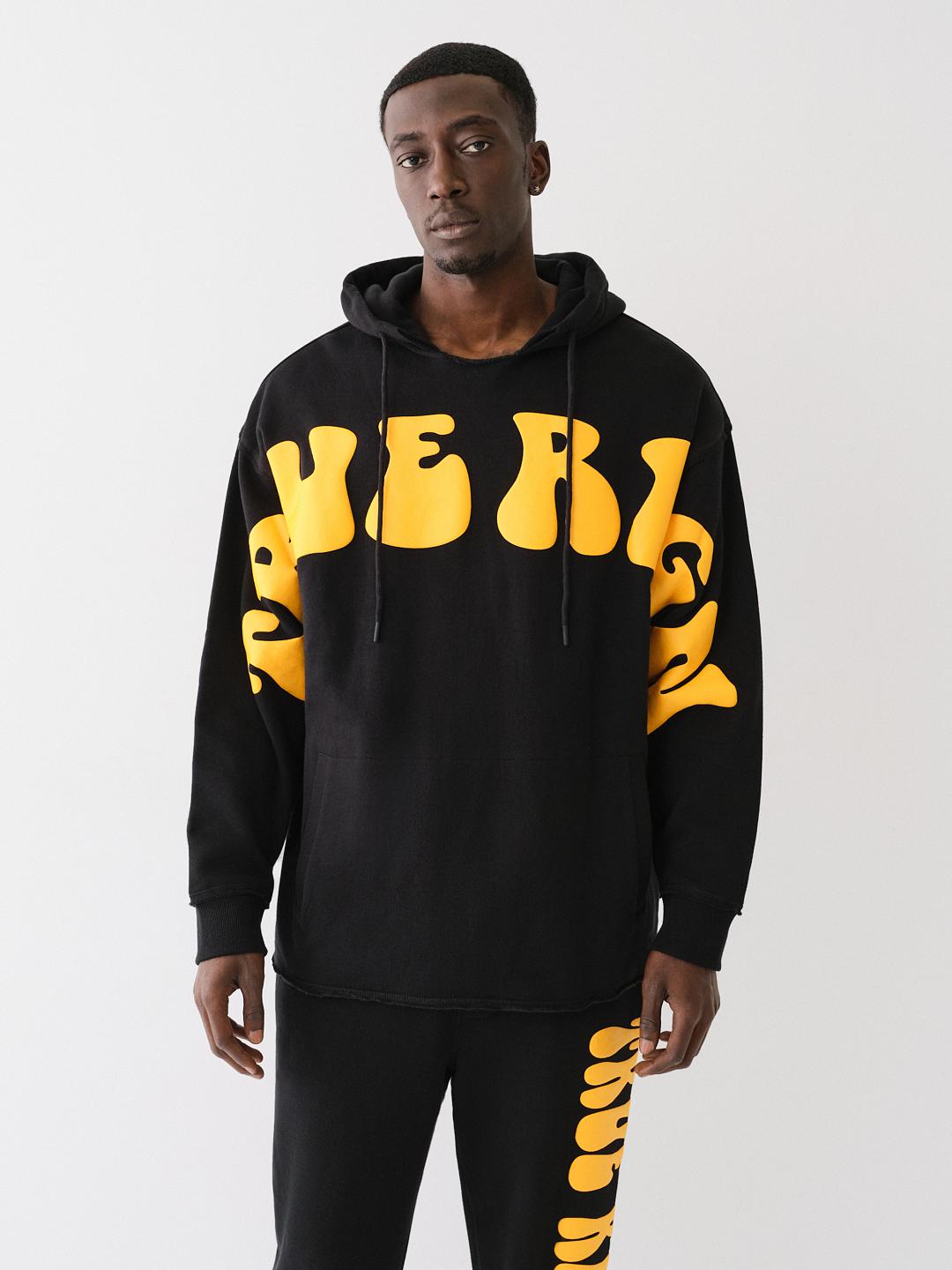 PUFF PRINT RAW HEM HOODIE
