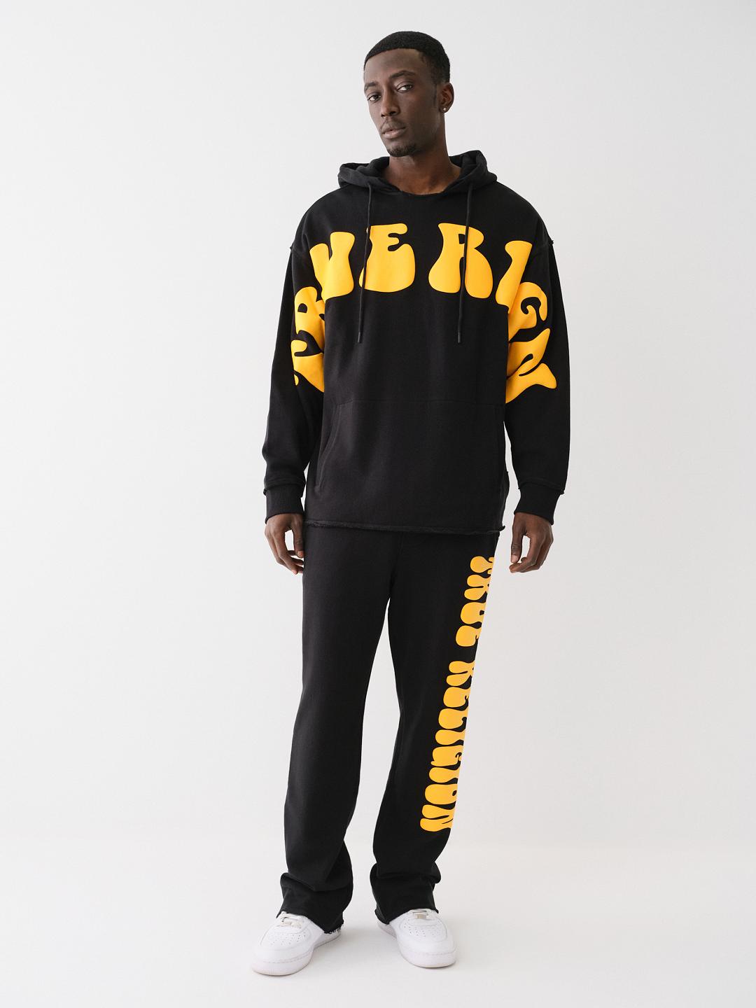 PUFF PRINT RAW HEM HOODIE