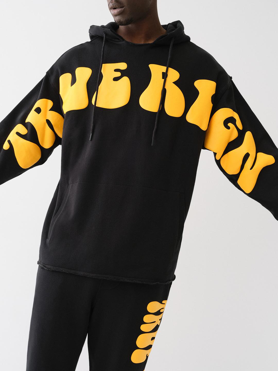 PUFF PRINT RAW HEM HOODIE