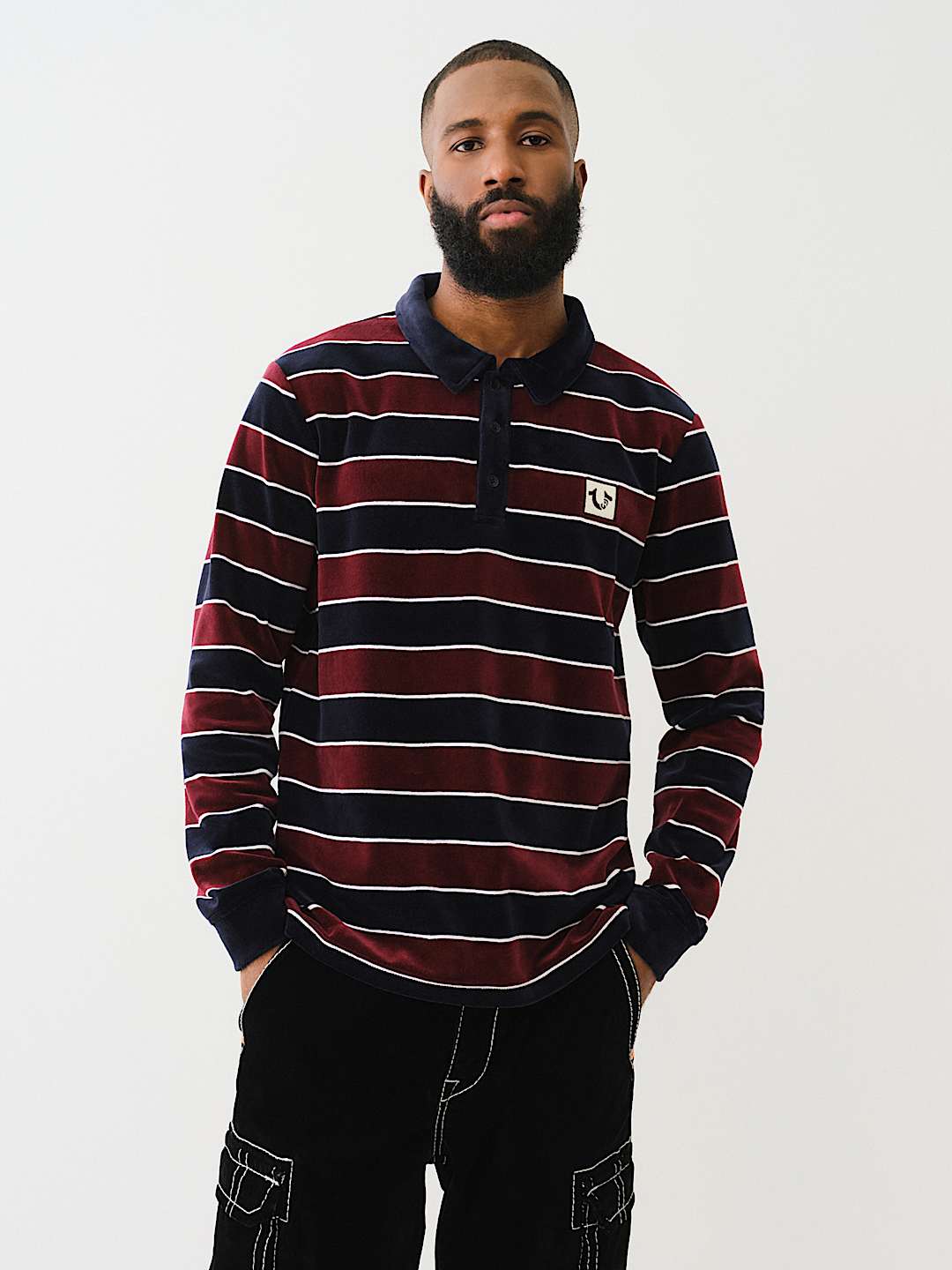 VELVET STRIPED LONG SLEEVE POLO SHIRT Red True Religion