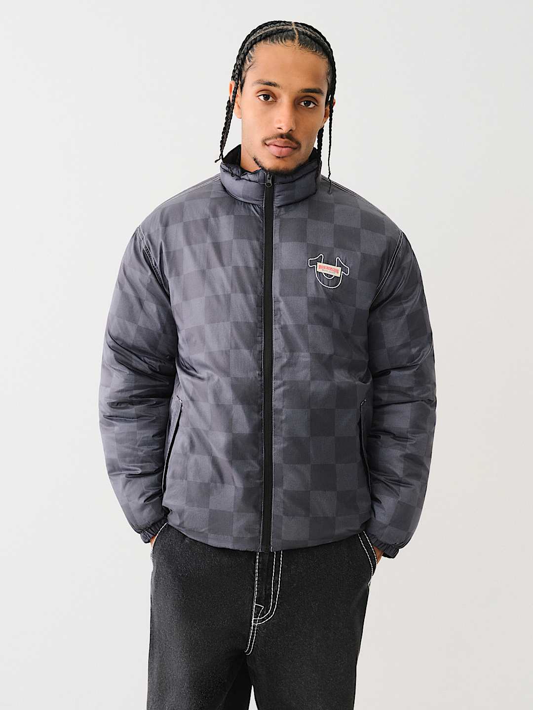 EMBROIDERED CHECKERED PUFFER JACKET