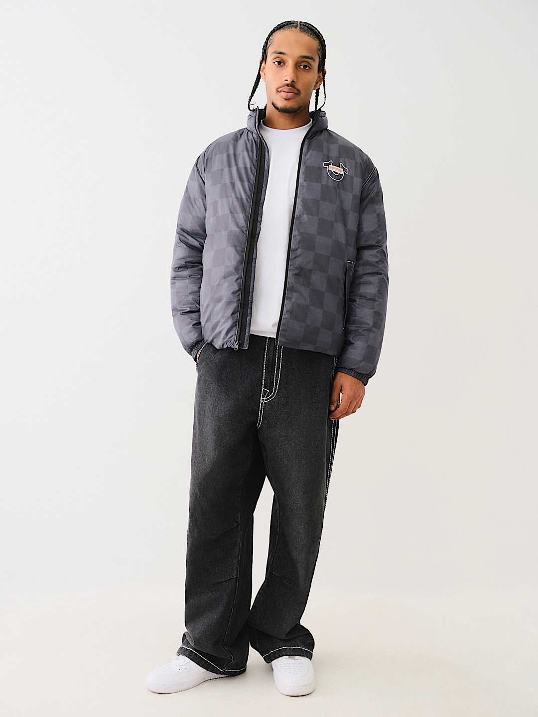 EMBROIDERED CHECKERED PUFFER JACKET