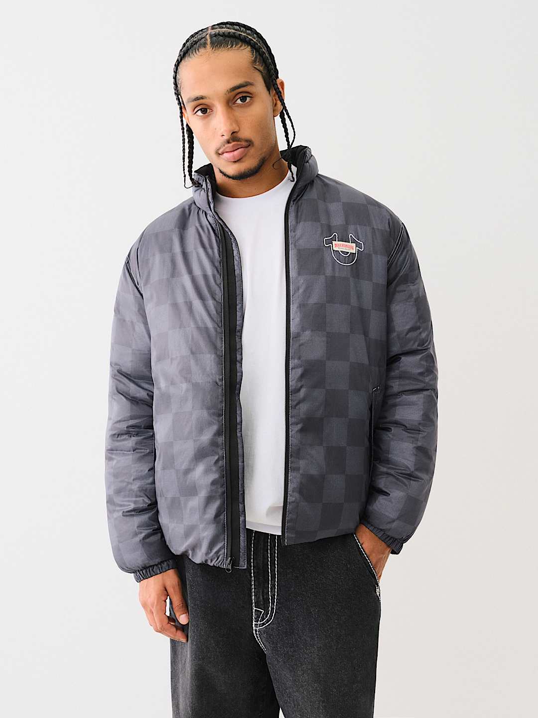 EMBROIDERED CHECKERED PUFFER JACKET