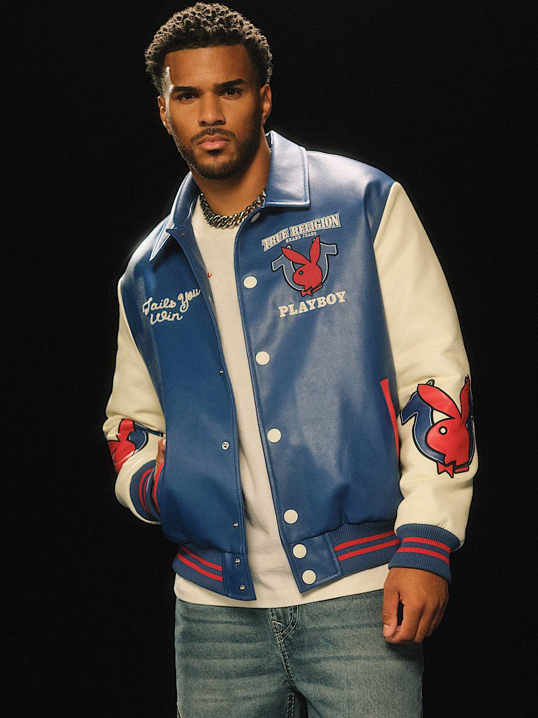 PLAYBOY X TRUE RELIGION BOMBER VARSITY JACKET