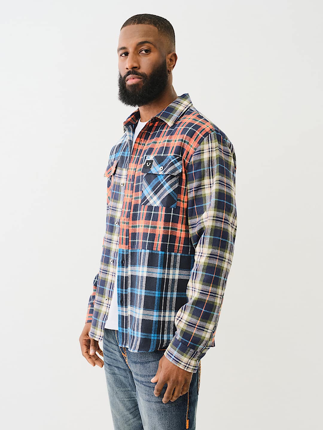 PLAID PATCHWORK LONG SLEEVE FLANNEL SHIRT, image 5