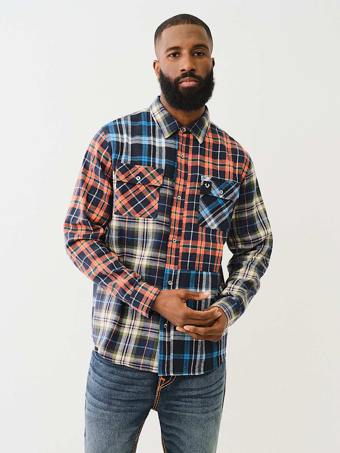 PLAID PATCHWORK LONG SLEEVE FLANNEL SHIRT, image 1